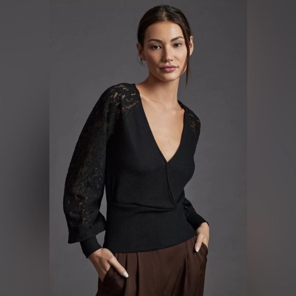 Anthropologie Lace Sleeve Faux Wrap ribbed sweater